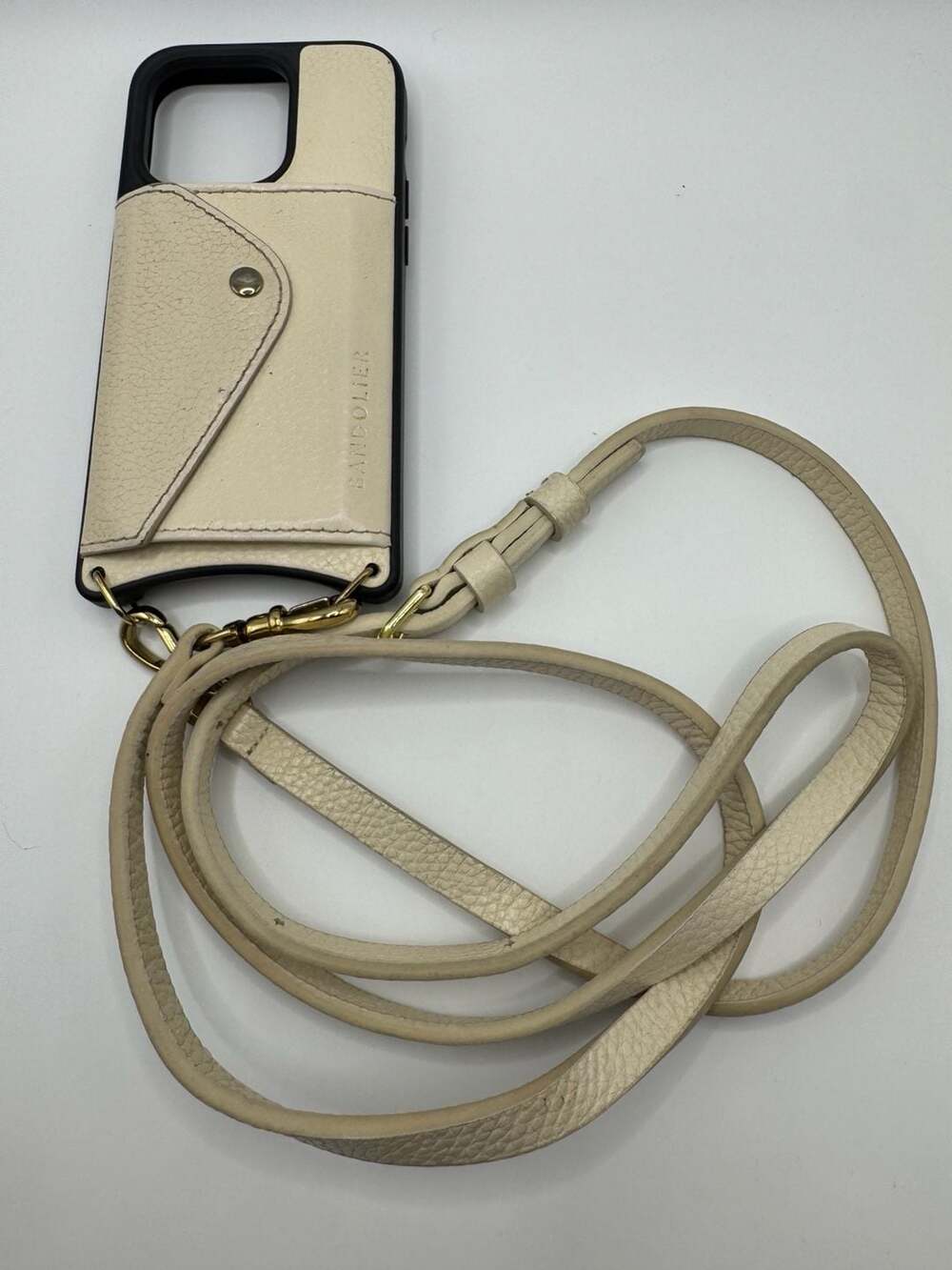 Bandolier Donna Leather Crossbody Phone Case with Strap Ivory Gold